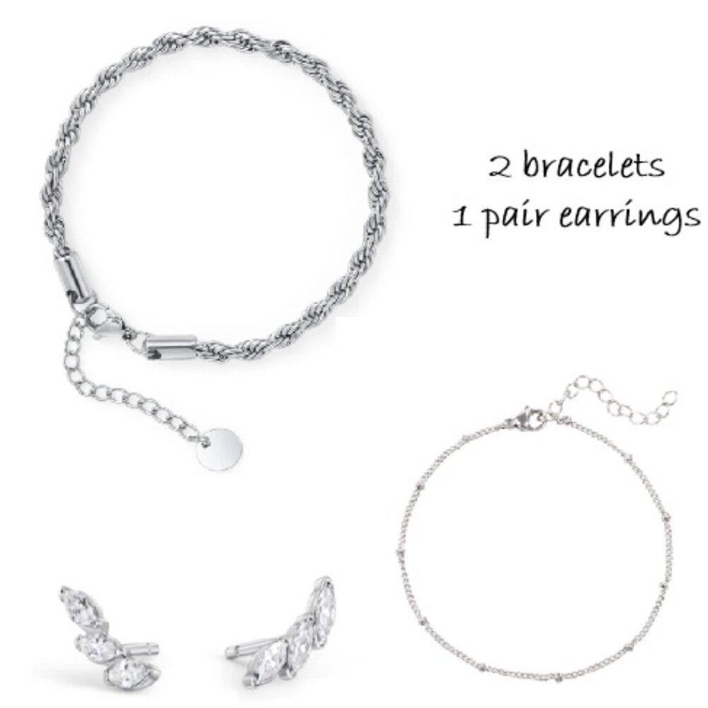 MIA - 2 BRACELETS AND 1 PAIR EARRINGS - ALL STAINLESS STEEL - NWT
